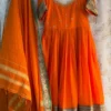 Narayanpet Silk Cotton 3 Pc Set – Mirror Work Neck Orange Anarkali with Elephant Border Dupatta - Image 3