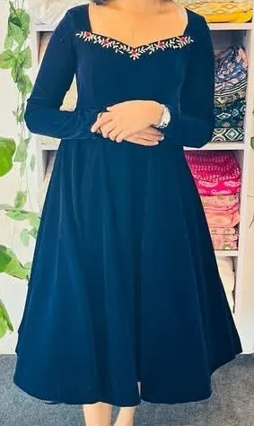 Navy Blue Velvet Midi Dress – Hand Embroidered A-Line Gown