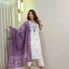 Off-White Khadi Cotton Embroidered Kurti Pant Set with Cotton Linen Bandhani Print Dupatta | Festive 3-Piece Suit Set (S to 3XL) - Image 2