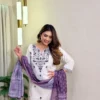 Off-White Khadi Cotton Embroidered Kurti Pant Set with Cotton Linen Bandhani Print Dupatta | Festive 3-Piece Suit Set (S to 3XL) - Image 7
