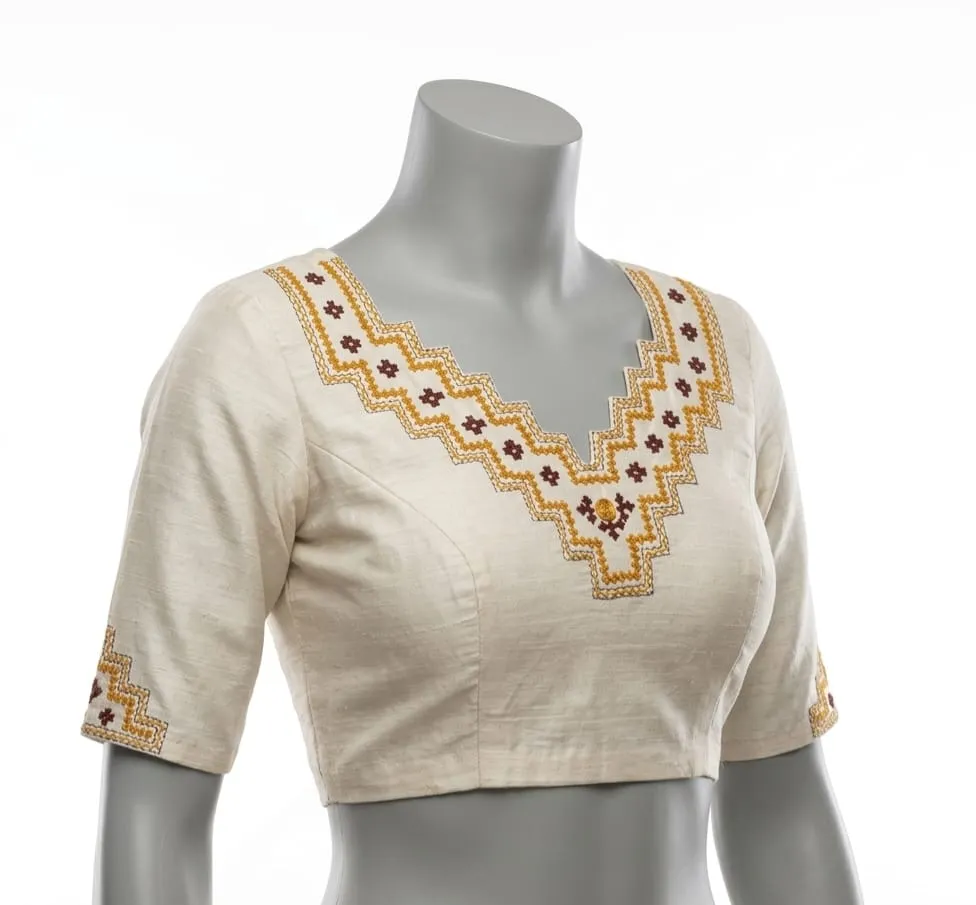 Off-White Raw Silk Readymade Blouse with Hand Embroidery | Zig-Zag V-Neck & Keyhole Back