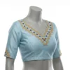 Off-White Raw Silk Readymade Blouse with Hand Embroidery | Zig-Zag V-Neck & Keyhole Back - Image 4