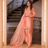 Peach Silk Suit with Silver Embroidery | 3 Piece Sharara Palazzo Set with Organza Dupatta | Pakistani Party Wear