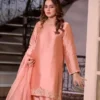 Peach Silk Suit with Silver Embroidery | 3 Piece Sharara Palazzo Set with Organza Dupatta | Pakistani Party Wear - Image 2