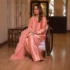 Peach Silk Suit with Silver Embroidery | 3 Piece Sharara Palazzo Set with Organza Dupatta | Pakistani Party Wear - Image 3
