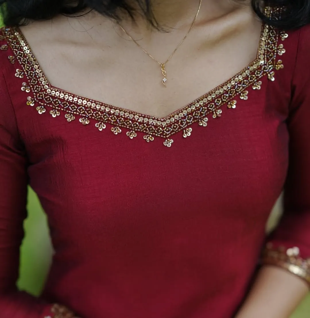 Pink Silk Bridal Blouse with Hand Embroidery | Sequin Work Sleeves | Net Keyhole Back Designer Blouse