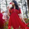 Pleated Empire Waist Gown | Sequin V-Neck Bodice | Indian Party Dress with Half Sleeves | Multiple Colors