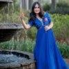 Pleated Empire Waist Gown | Sequin V-Neck Bodice | Indian Party Dress with Half Sleeves | Multiple Colors - Image 2