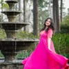 Pleated Empire Waist Gown | Sequin V-Neck Bodice | Indian Party Dress with Half Sleeves | Multiple Colors - Image 5