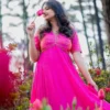 Pleated Empire Waist Gown | Sequin V-Neck Bodice | Indian Party Dress with Half Sleeves | Multiple Colors - Image 6