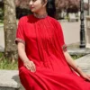 Pleated High Neck Kaftan Dress – Red Georgette Embellished Cuff Flared Gown