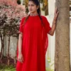 Pleated High Neck Kaftan Dress – Red Georgette Embellished Cuff Flared Gown - Image 2