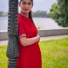 Pleated High Neck Kaftan Dress – Red Georgette Embellished Cuff Flared Gown - Image 3