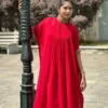Pleated High Neck Kaftan Dress – Red Georgette Embellished Cuff Flared Gown - Image 4