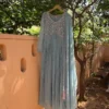 Powder Blue Anarkali Gown with Floral Embroidery | Scalloped Pink Edge Pleated Dress | Georgette Party Wear
