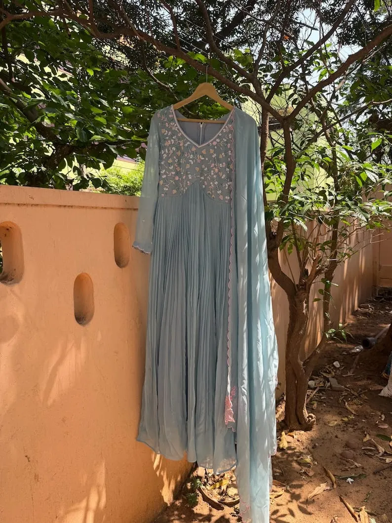 Powder Blue Anarkali Gown with Floral Embroidery | Scalloped Pink Edge Pleated Dress | Georgette Party Wear