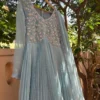 Powder Blue Anarkali Gown with Floral Embroidery | Scalloped Pink Edge Pleated Dress | Georgette Party Wear - Image 3