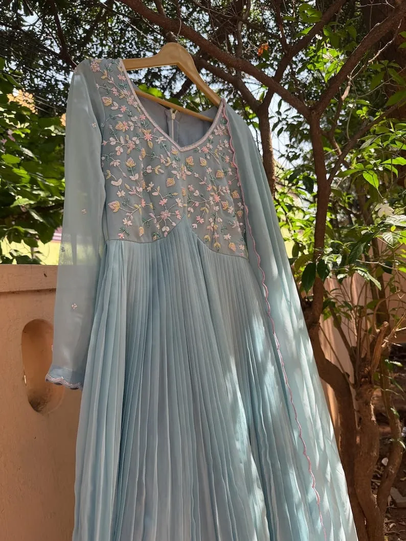 Powder Blue Anarkali Gown with Floral Embroidery | Scalloped Pink Edge Pleated Dress | Georgette Party Wear - Image 3