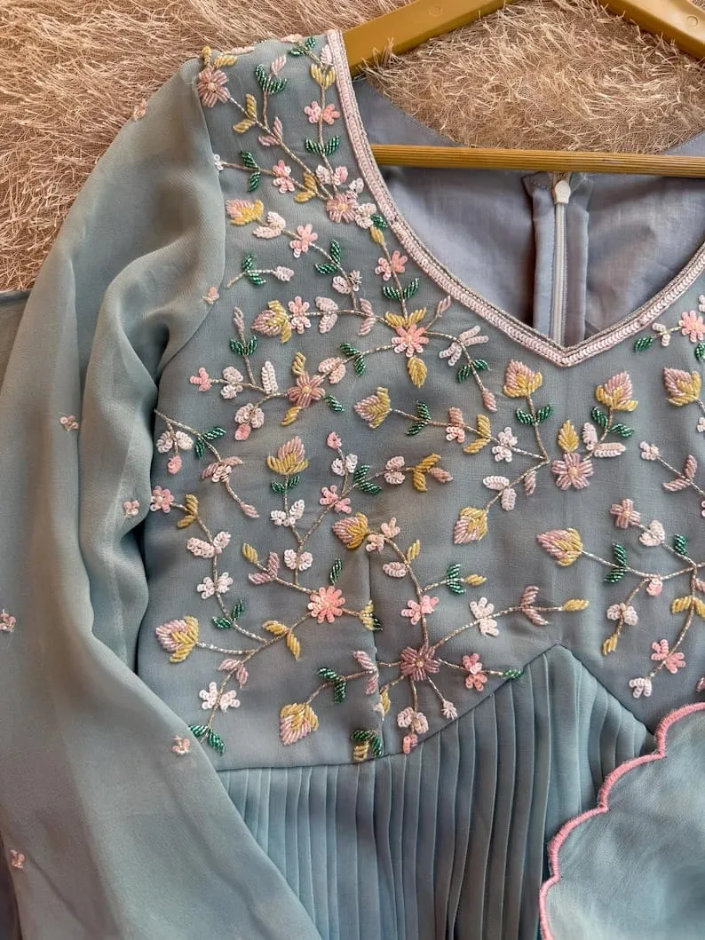 Powder Blue Anarkali Gown with Floral Embroidery | Scalloped Pink Edge Pleated Dress | Georgette Party Wear - Image 4