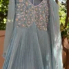 Powder Blue Anarkali Gown with Floral Embroidery | Scalloped Pink Edge Pleated Dress | Georgette Party Wear - Image 5