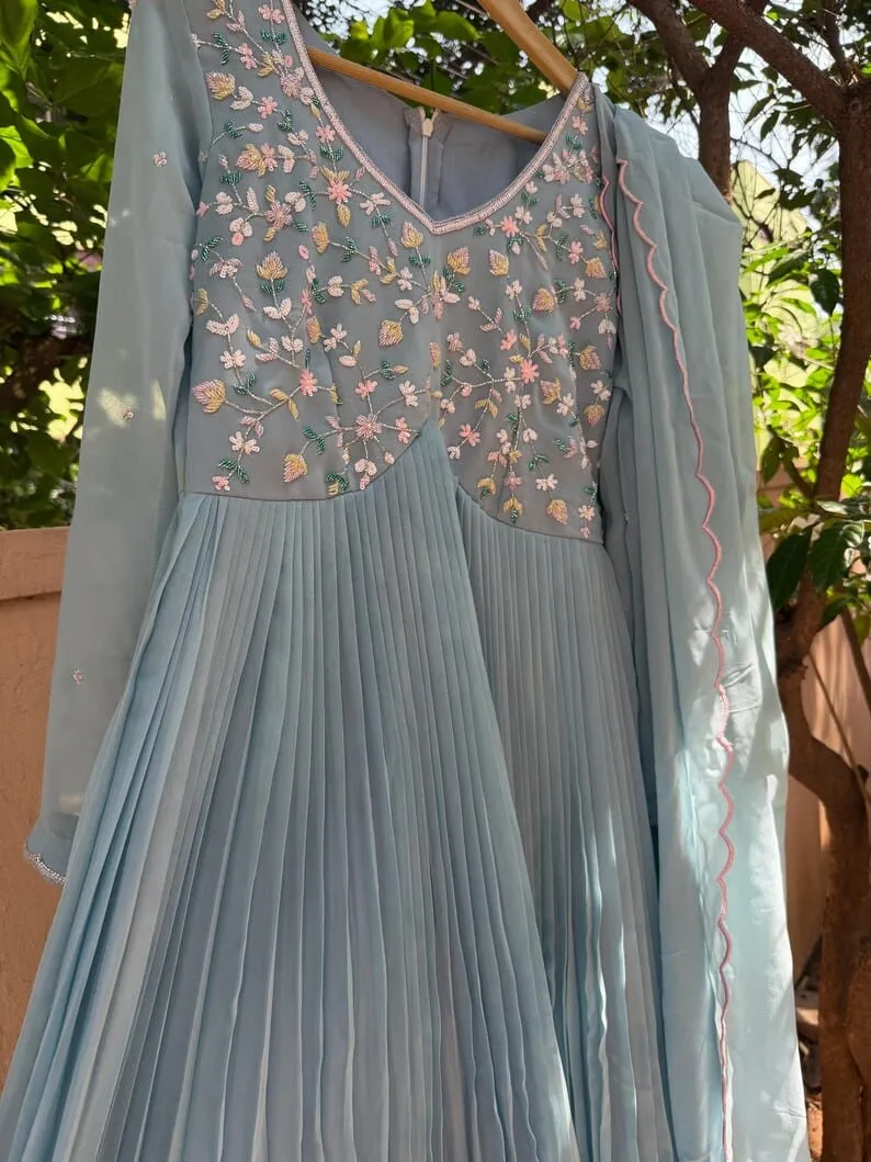 Powder Blue Anarkali Gown with Floral Embroidery | Scalloped Pink Edge Pleated Dress | Georgette Party Wear - Image 5