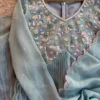 Powder Blue Anarkali Gown with Floral Embroidery | Scalloped Pink Edge Pleated Dress | Georgette Party Wear - Image 6