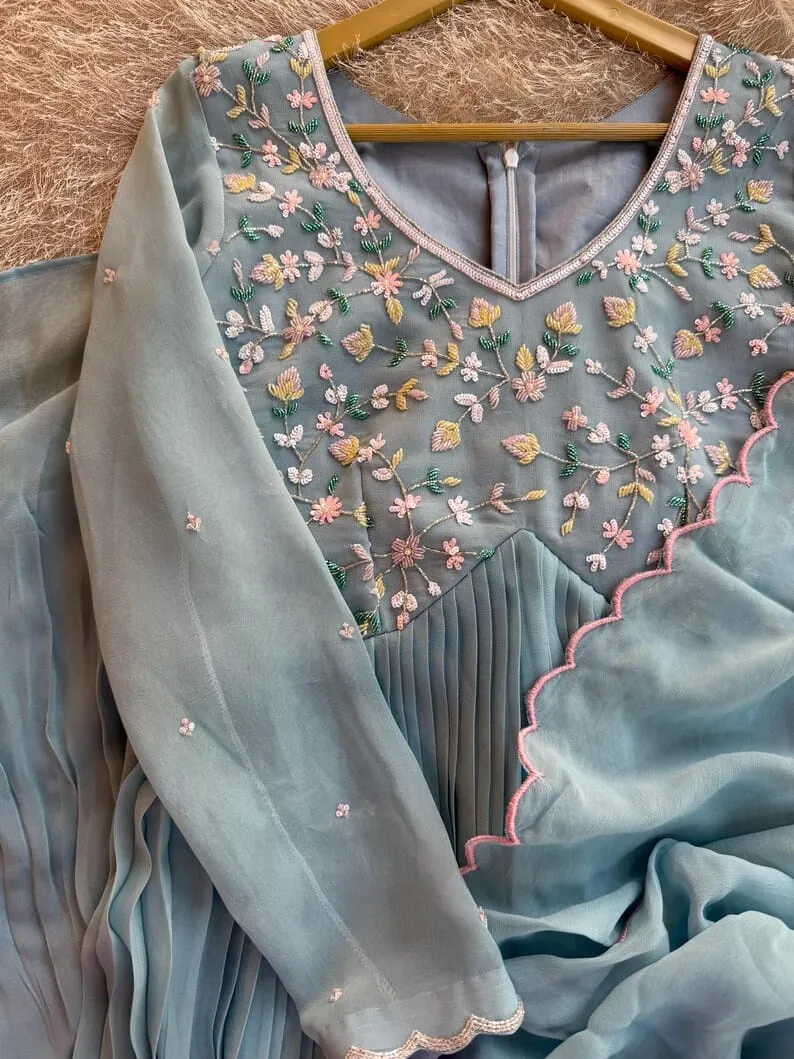 Powder Blue Anarkali Gown with Floral Embroidery | Scalloped Pink Edge Pleated Dress | Georgette Party Wear - Image 6