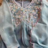 Powder Blue Anarkali Gown with Floral Embroidery | Scalloped Pink Edge Pleated Dress | Georgette Party Wear - Image 7