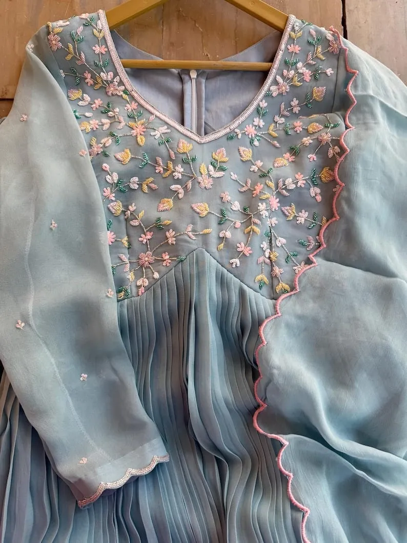 Powder Blue Anarkali Gown with Floral Embroidery | Scalloped Pink Edge Pleated Dress | Georgette Party Wear - Image 7