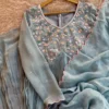 Powder Blue Anarkali Gown with Floral Embroidery | Scalloped Pink Edge Pleated Dress | Georgette Party Wear - Image 8