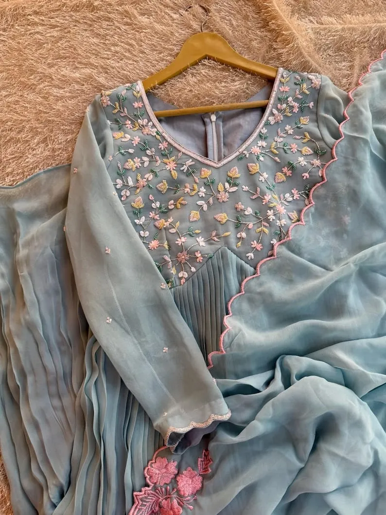 Powder Blue Anarkali Gown with Floral Embroidery | Scalloped Pink Edge Pleated Dress | Georgette Party Wear - Image 8
