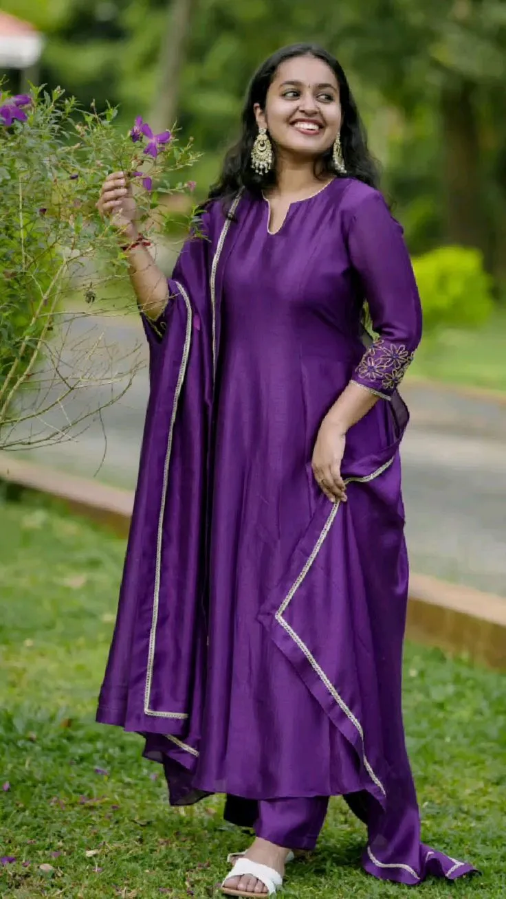 Purple Raw Silk Anarkali Suit Set | Embroidered Cuff Sleeves Flared Kurti with Pant & Dupatta