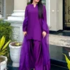 Purple Silk Kurti with Palazzo Pants | Plain 3 Piece Suit with Sheer Studded Dupatta | Pakistani Casual Wear