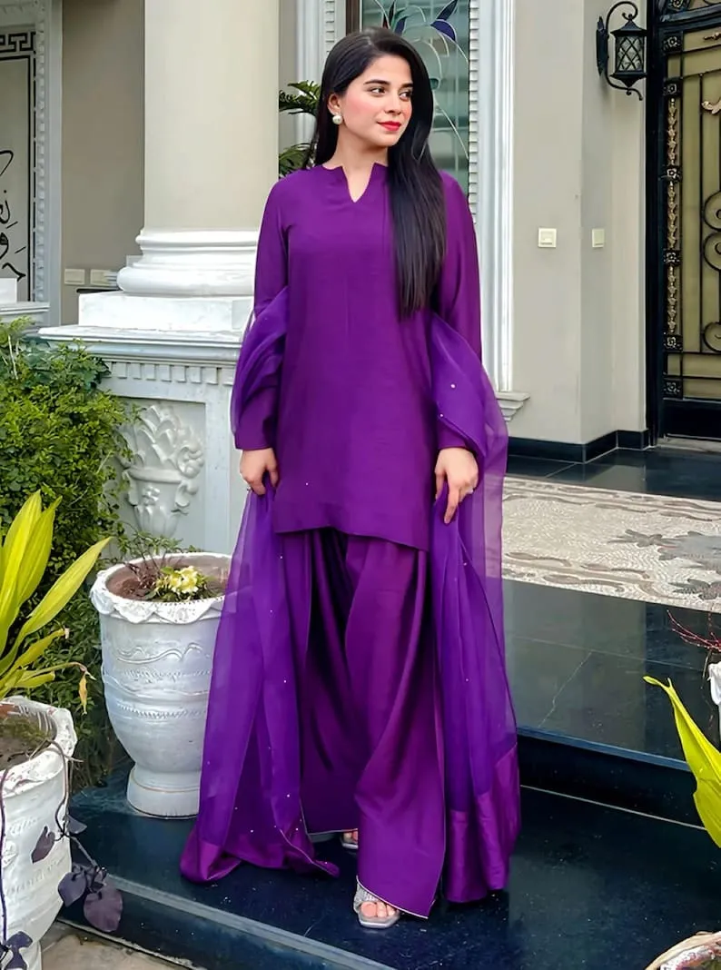 Purple Silk Kurti with Palazzo Pants | Plain 3 Piece Suit with Sheer Studded Dupatta | Pakistani Casual Wear