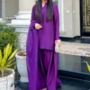 Purple Silk Kurti with Palazzo Pants | Plain 3 Piece Suit with Sheer Studded Dupatta | Pakistani Casual Wear - Image 2