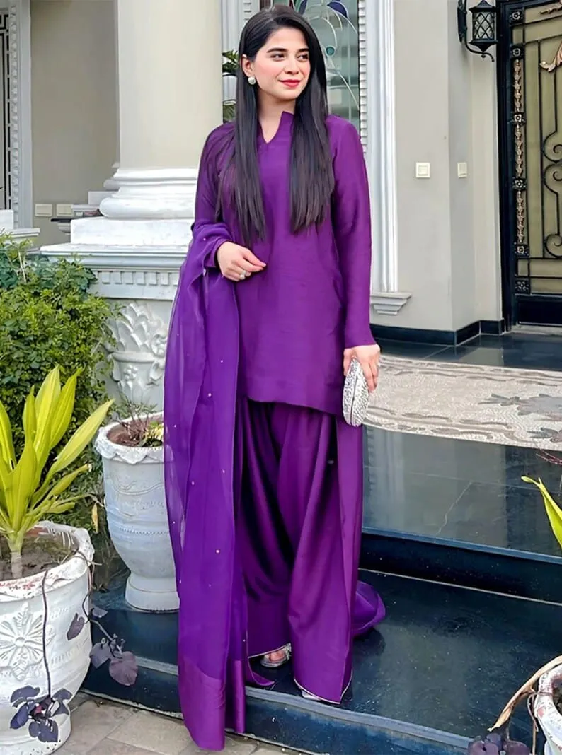 Purple Silk Kurti with Palazzo Pants | Plain 3 Piece Suit with Sheer Studded Dupatta | Pakistani Casual Wear - Image 2