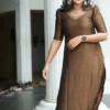 Raw Silk Straight Kurti for Women | Hand Embroidered V-Neck Zardozi Work Puff Sleeve Party Wear Kurta