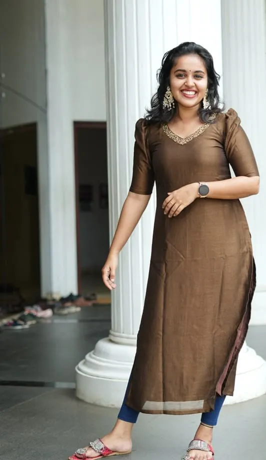 Raw Silk Straight Kurti for Women | Hand Embroidered V-Neck Zardozi Work Puff Sleeve Party Wear Kurta