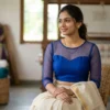 Readymade Pure Raw Silk Blouse with Sheer Net Neckline & 3/4th Sleeves | Back Button Closure Designer Saree Crop Top