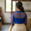 Readymade Pure Raw Silk Blouse with Sheer Net Neckline & 3/4th Sleeves | Back Button Closure Designer Saree Crop Top - Image 2