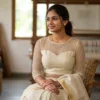 Readymade Pure Raw Silk Blouse with Sheer Net Neckline & 3/4th Sleeves | Back Button Closure Designer Saree Crop Top - Image 3