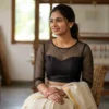 Readymade Pure Raw Silk Blouse with Sheer Net Neckline & 3/4th Sleeves | Back Button Closure Designer Saree Crop Top - Image 5