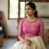 Readymade Pure Raw Silk Blouse with Sheer Net Neckline & 3/4th Sleeves | Back Button Closure Designer Saree Crop Top - Image 7