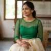 Readymade Pure Raw Silk Blouse with Sheer Net Neckline & 3/4th Sleeves | Back Button Closure Designer Saree Crop Top - Image 8