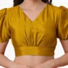 Readymade V-Neck Silk Puff Sleeve Saree Blouse | Front Pleated Elastic Back Crop Top
