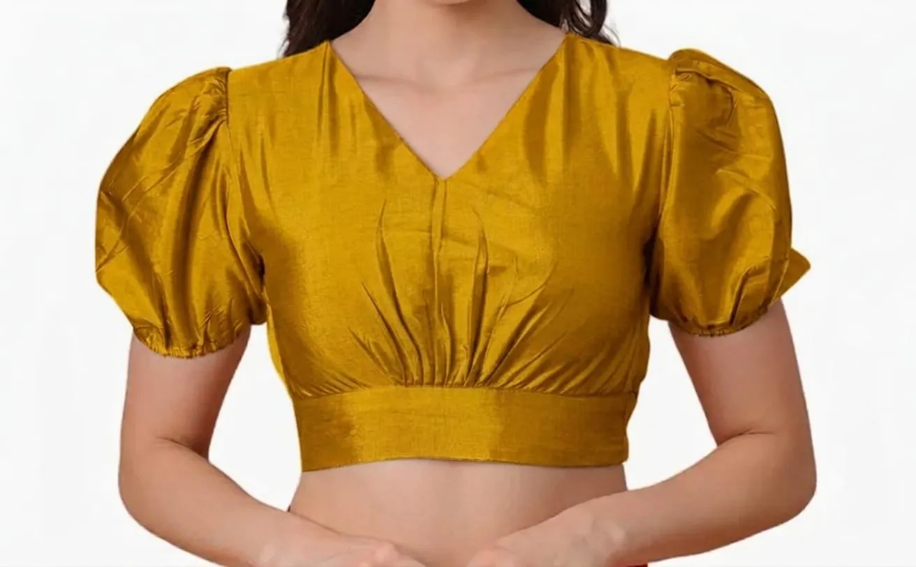 Readymade V-Neck Silk Puff Sleeve Saree Blouse | Front Pleated Elastic Back Crop Top