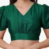 Readymade V-Neck Silk Puff Sleeve Saree Blouse | Front Pleated Elastic Back Crop Top - Image 2