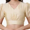 Readymade V-Neck Silk Puff Sleeve Saree Blouse | Front Pleated Elastic Back Crop Top - Image 4