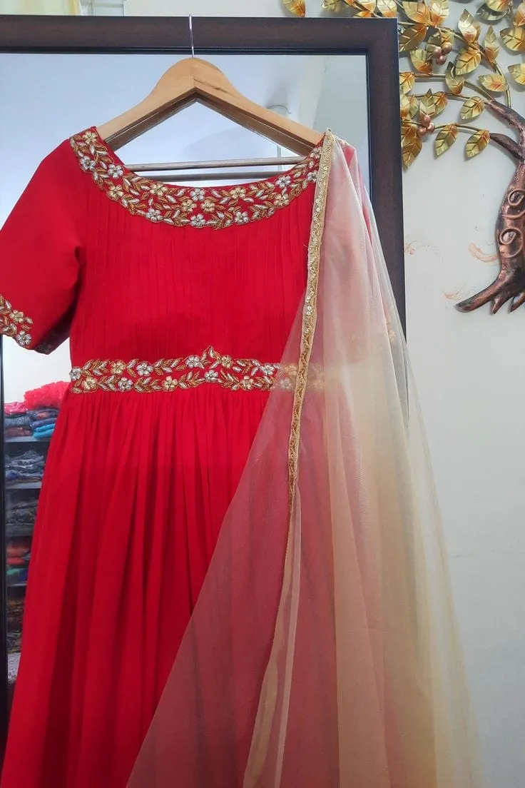 Red Raw Silk Anarkali Gown with Dupatta | Heavy Maggam Zardosi Work Boat Neck Festive Long Frock