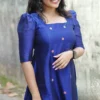 Royal Blue Raw Silk Anarkali Gown | Puff Sleeve Square Neck Embroidered Buti Flared Kurti Dress